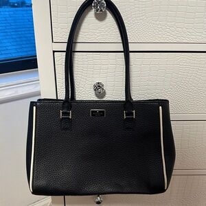 kate spade Black Pebbled Leather Shoulder Bag with Cream Trim